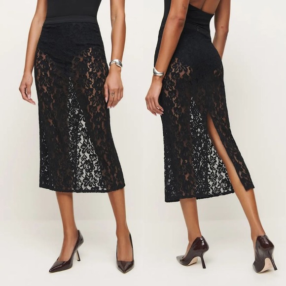 Reformation Dresses & Skirts - New Reformation Rylee Midi Skirt Black Lace Sheer 0